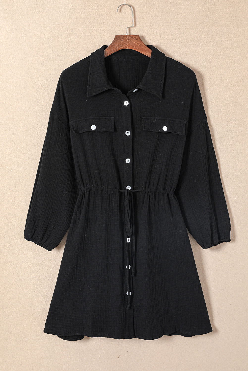 Black Plus Size Textured Drawstring Button up Shirt Dress