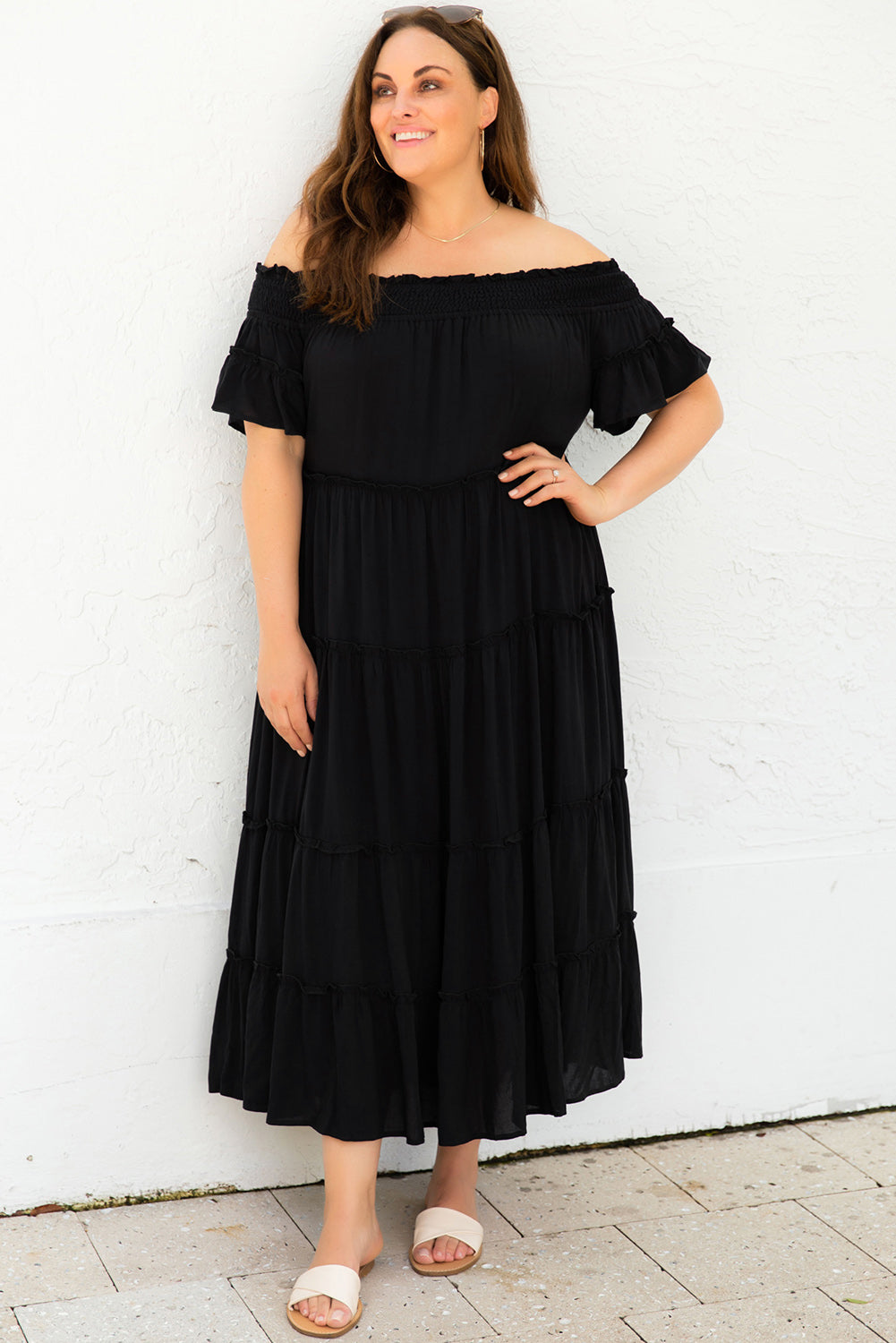 Black Plus Size Smocked Off Shoulder Frill Tiered Maxi Dress