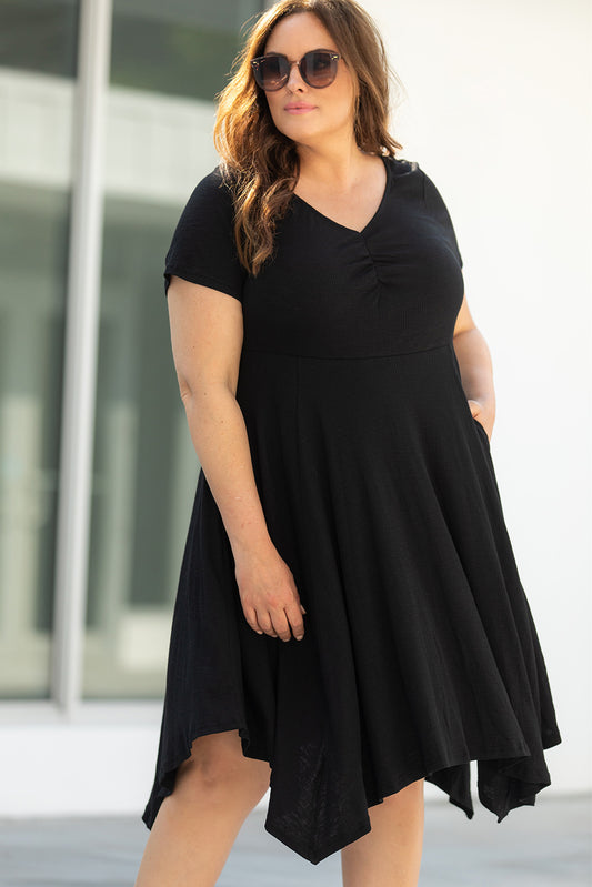 Black Plus Size Ruched Sweetheart Fit and Flare Midi Dress