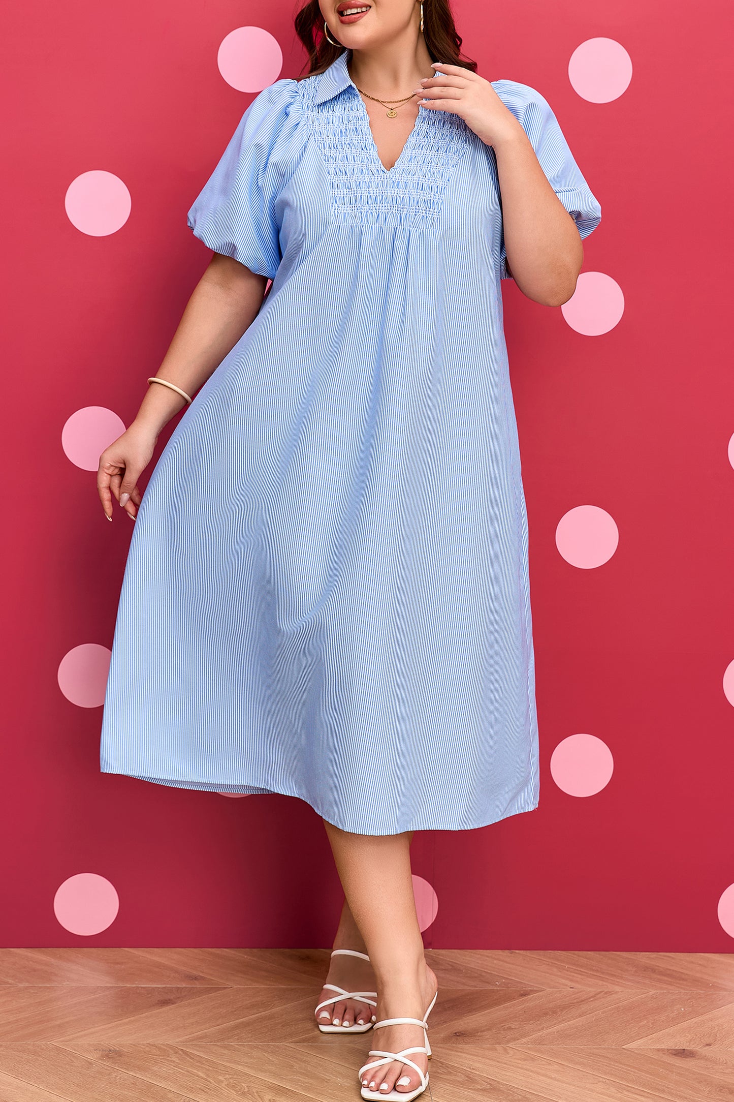 Sky Blue Stripe Shirred Detail Collar V Neck Plus Size Midi Dress
