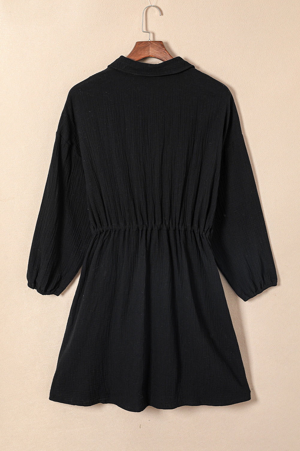Black Plus Size Textured Drawstring Button up Shirt Dress