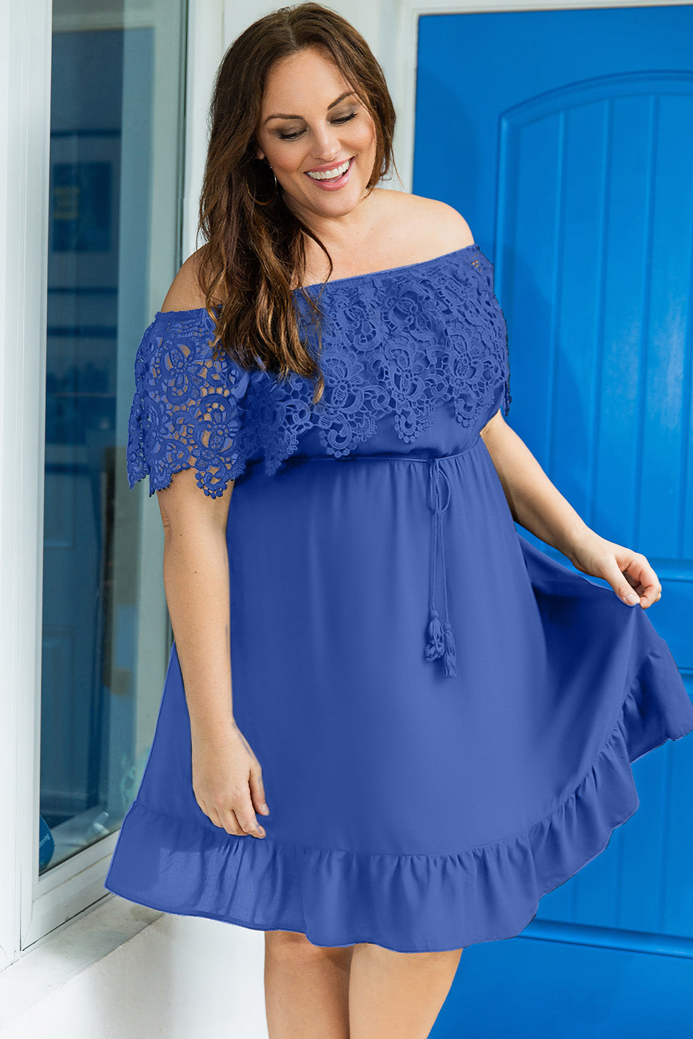 Blue Off-the-shoulder Lace Sleeves Plus size Dress