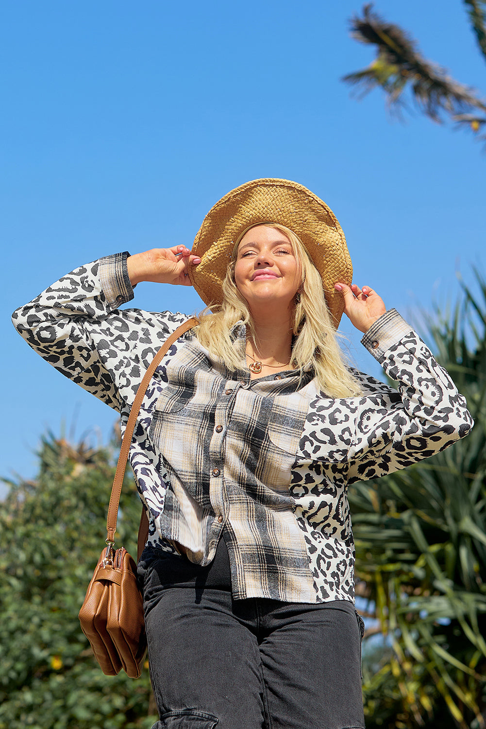 Black Plus Size Plaid Leopard Printed Patchwork Button Up Jacket