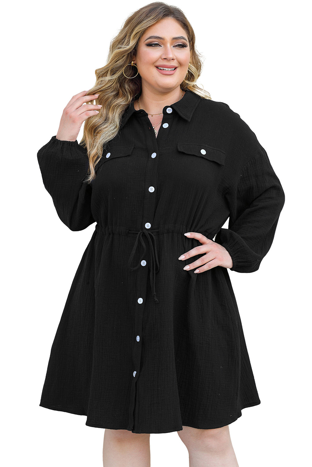 Black Plus Size Textured Drawstring Button up Shirt Dress