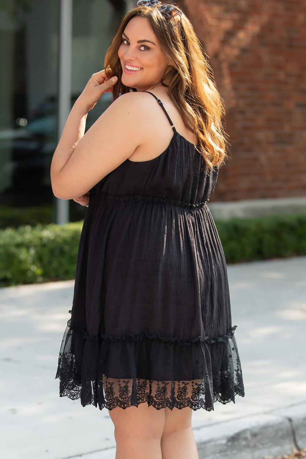 Black Lace Ruffle Hem Plus Size Flared Sundress