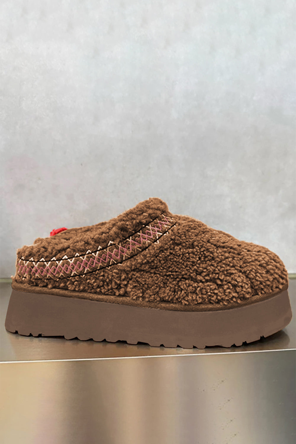 Chestnut Embroidered Sherpa Plush Thick Sole Snow Boots