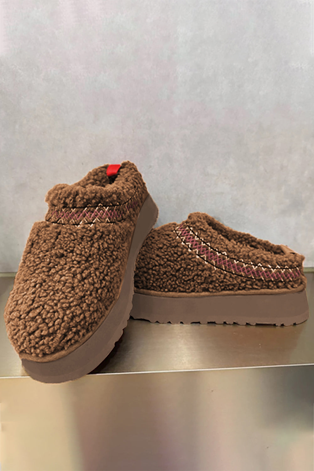 Chestnut Embroidered Sherpa Plush Thick Sole Snow Boots