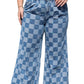 Dusk Blue Plus Size Checkered Seamed High Waist Wide Leg Jeans
