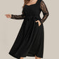 Black Plus Size Sheer Lace Sleeve Belted Ruffle Midi Dress