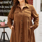 Camel Corduroy Full Buttoned Collared Shirt Style Plus Size Dress