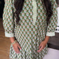 Green Contrast Striped Frilled Collar 3/4 Sleeve Plus Size Floral Dress