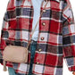 Red Printed Plus Size Plaid Button up Hooded Jacket