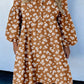 Khaki Plus Size Daisy Floral Print Button Split Neck Puff Sleeve Dress