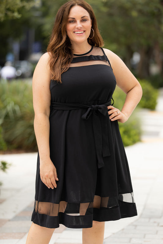 Black Plus Size Mesh Panel Skater Dress