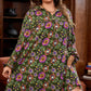 Green Plus Size Floral Print Collared V Neck Loose Mini Dress
