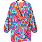 Multicolor Plus Size Abstract Print Pleated Surplice Long Sleeve Dress