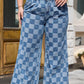 Dusk Blue Plus Size Checkered Seamed High Waist Wide Leg Jeans