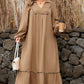 Chestnut Smocked V Neckline Leopard Piping Accent Bracelet Plus Size Long Dress
