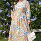 Khaki Floral Print 3/4 Sleeves Tiered Plus Size Long Dress
