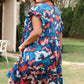 Blue Abstract Print Shirred Ruffled Short Sleeve Tiered Plus Size Mini Dress
