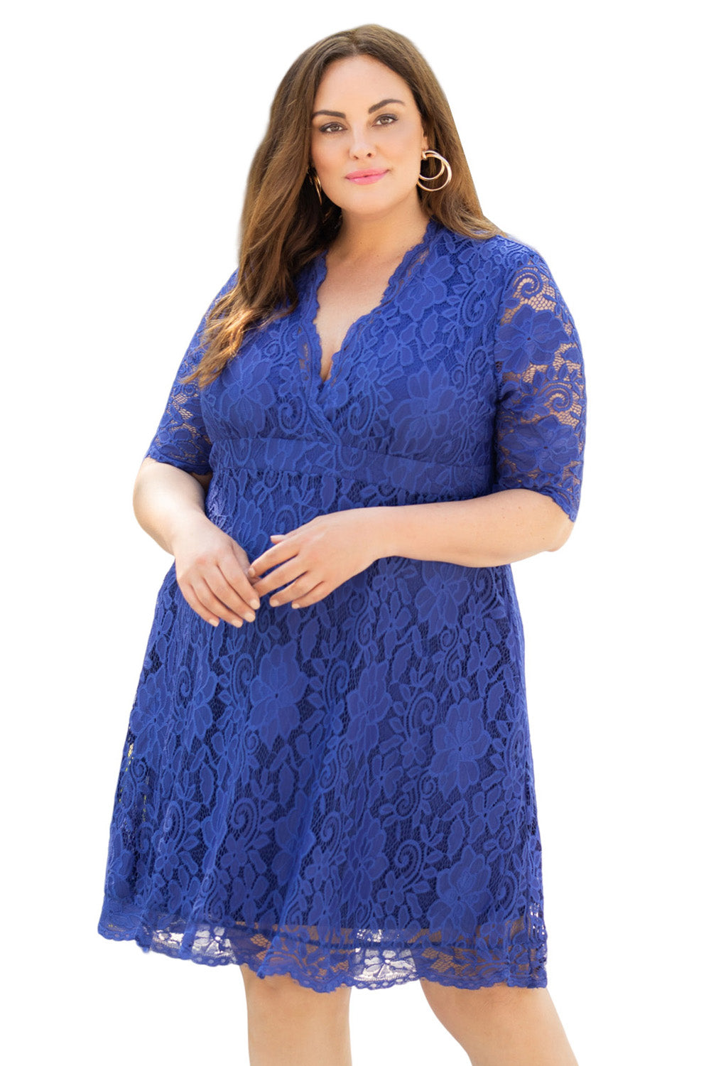 Blue Plus Size Half Sleeve Lined Lace Midi Dress