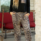 Black Leopard Patched Pocket Long Sleeve Top Plus Size Pants Set