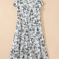 Black Floral Print Piping Trim Notched Neck Ruffle Sleeve Plus Size Long Dress