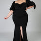 Black Bow Tie Puff Sleeve Plus Size High Slit Maxi Dress