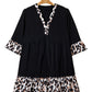 Black Plus Size Leopard Patchwork V Neck 3/4 Sleeve Ruffle Hem Mini Dress
