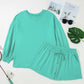 Sea Green Drop Shoulder V Neck Pullover Top and Drawstring Short Plus Size Set