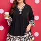Black Plus Size Leopard Patchwork V Neck 3/4 Sleeve Ruffle Hem Mini Dress