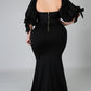 Black Bow Tie Puff Sleeve Plus Size High Slit Maxi Dress