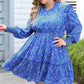 Blue Plus Size Spotted Print Split Neck Ruffle Mini Dress