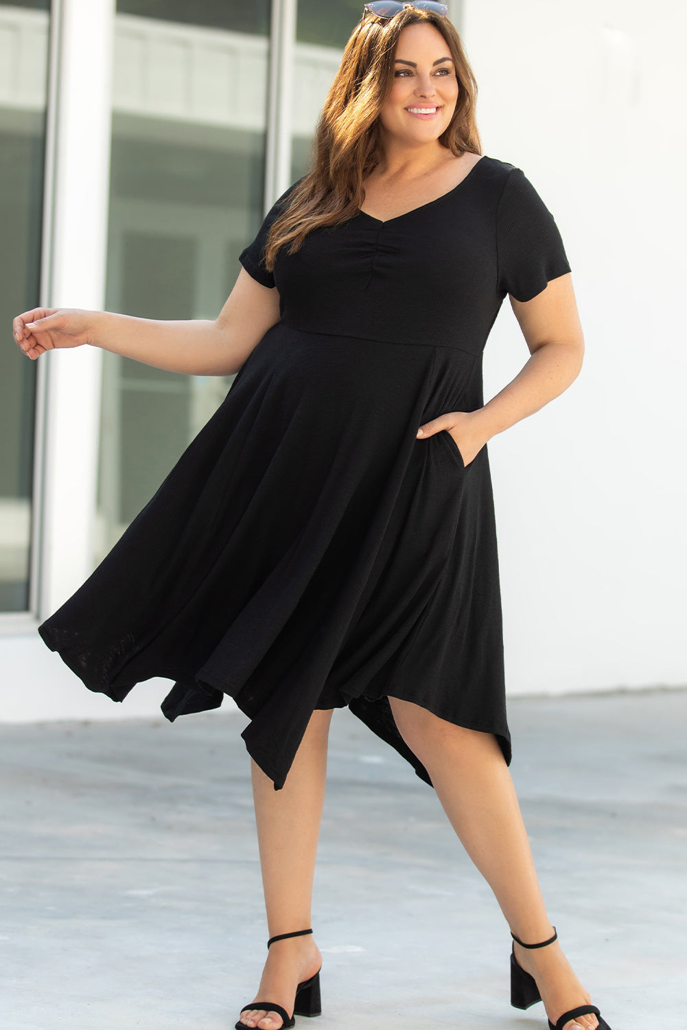 Black Plus Size Ruched Sweetheart Fit and Flare Midi Dress