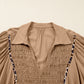 Chestnut Smocked V Neckline Leopard Piping Accent Bracelet Plus Size Long Dress