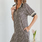Khaki Leopard Print Zip Neck Striped Webbing Patchwork T Shirt Mini Dress