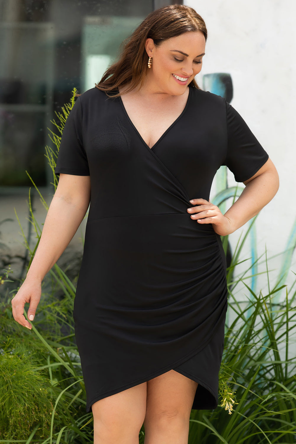 Black Wrap Ruched Short Sleeves Plus Size Mini Dress