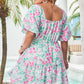 White Floral Print Ric-rac Trim Square Neck Plus Size Mini Dress