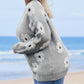 Gray Plus Size Embroidered Floral Pattern Half Zip Sweater