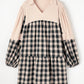 Black Plaid Waffle Knit Patchwork Collared V Neck Plus Size Mini Dress
