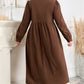 Coffee Embroidered Notched Neckline Textured Pleated High Waist Plus Size Midi Dress