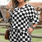 Black Checkered Pattern Tee and Shorts Plus Size Two Piece Set