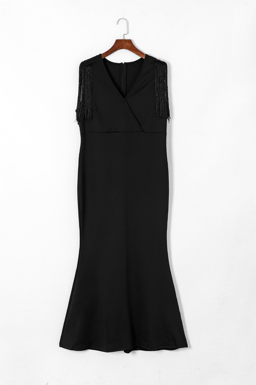 Black Plus Size Surplice V Neck Fringe Formal Maxi Dress