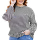 Black Stripe Drop Shoulder Puff Long Sleeve O Neck Plus Size T Shirt