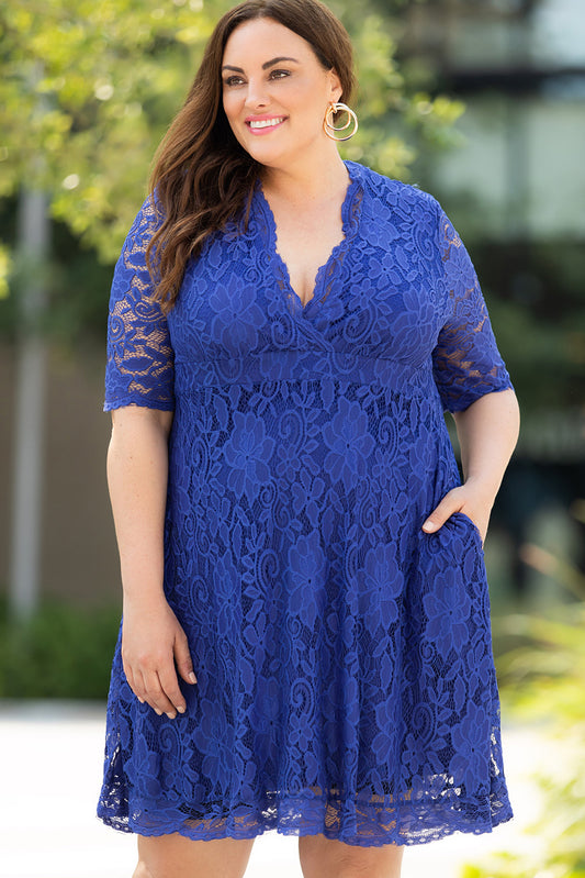 Blue Plus Size Half Sleeve Lined Lace Midi Dress