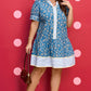 Blue Plus Size Floral Print Striped Patchwork Detail Button Front Ruffle Hem Dress