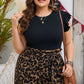 Brown Plus Size Leopard Shorts and Ruffle Sleeve Tee Set