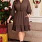 Coffee Plus Size Frilled Trim V Neck Puff Sleeve Textured Mini Dress