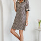 Khaki Leopard Print Zip Neck Striped Webbing Patchwork T Shirt Mini Dress