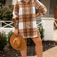 Khaki Plus Size Plaid Flounce Sleeve Button up Shirt Dress